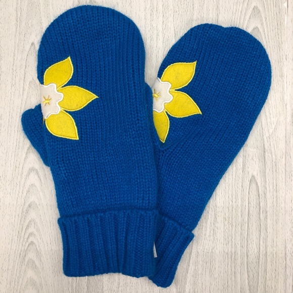 Kootenay Knitted Gloves- Adult Size L/XL-Blue with Yellow Flowers- New with Tags - Picture 2 of 4